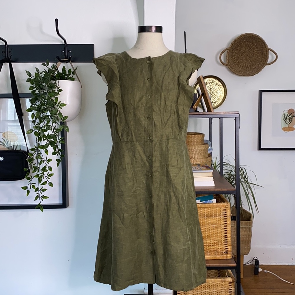 J. Crew Olive Green Midi Dress with Flutter Sleeves